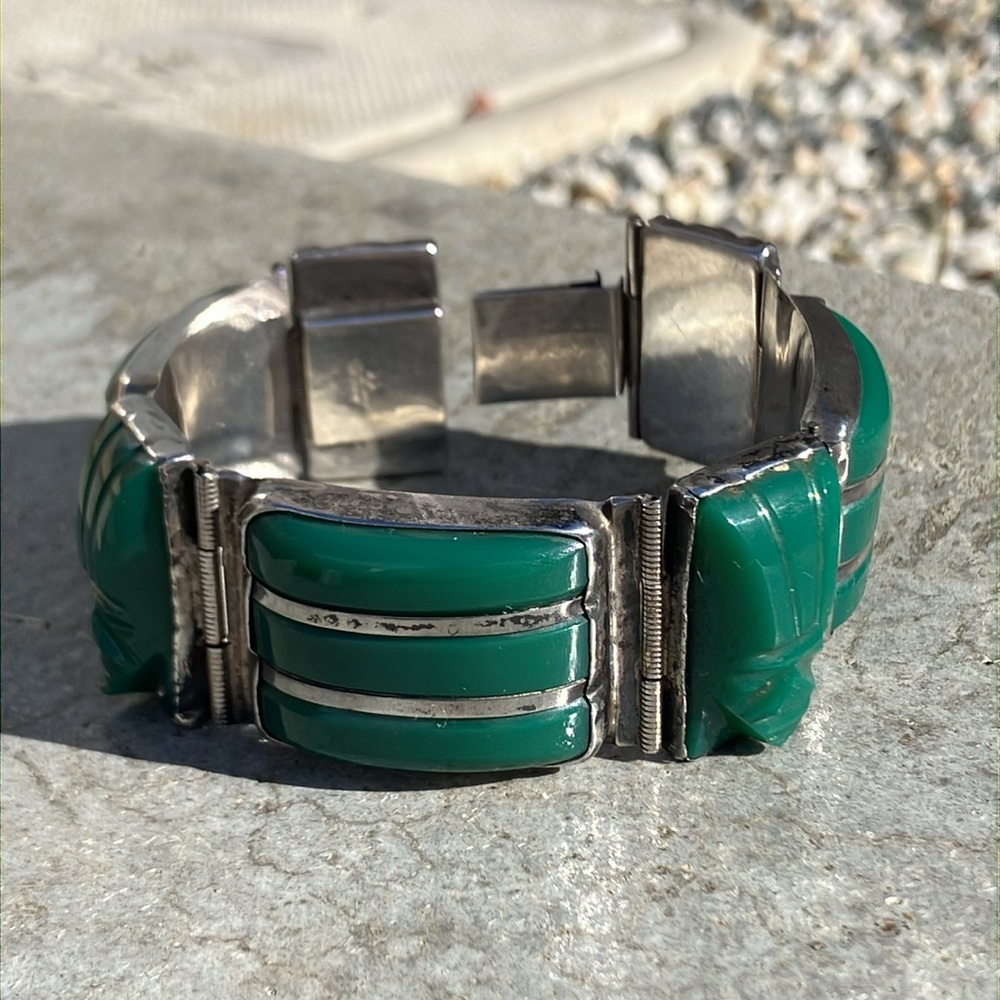 Gorgeous MCM Mexican Silver and Green Mask Panel Bracelet